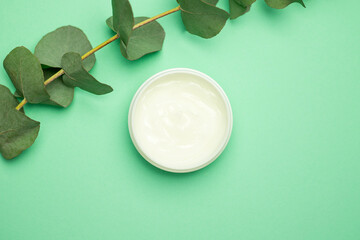 Spa natural organic cream moisturizer and plant leaves on green background. Nature skincare cosmetic s concept.