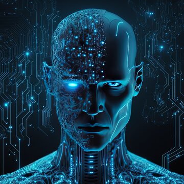 Artificial intelligence  virtual character. Alien portrait for concept design. Retro future 3D render illustration. Blue glow light with computer board elements. Ai render.