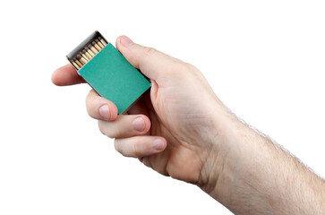 Close up ofhuman hands with open green matchbox isolated on white background with clipping path