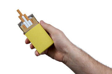 Close-up of a human hand holding a yellow pack of cigarettes isolated on white background with...