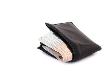Picture concept with finance and banking. Brown leather wallet with money isolated on white background