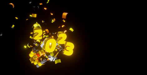 3d render. Black box with gold ribbon. Flying golden confetti and numbers 2023. black background