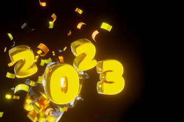 3d render. golden numbers 2023 fly out with golden confetti on a black background. Luxury postcard