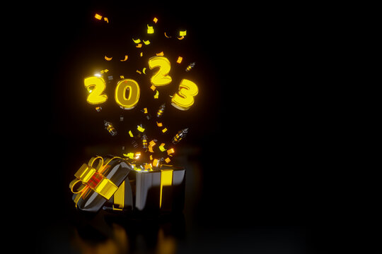3d render. Black box with gold ribbon. Flying golden confetti and numbers 2023