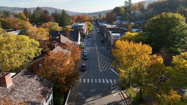 new england small town woodstock vermont with autumn leaf color in fall