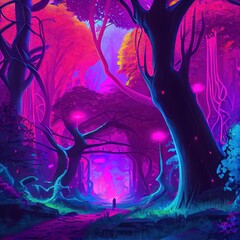 A Beautiful Neon Colored Forest. Intricate details Extremely detailed Colorful Vibrant Fantasy Concept Art Scenery. Book Illustration. Video Game Scene Serious Digital Painting. CG Artwork Background
