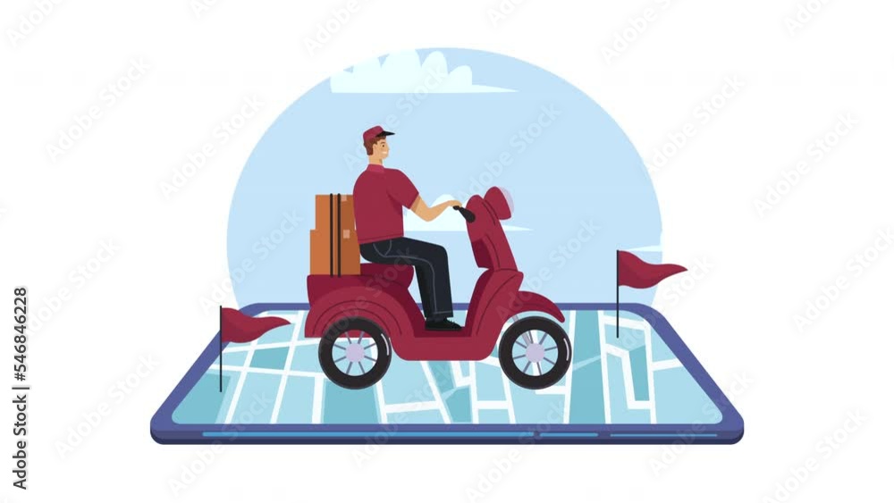 Poster delivery worker in smartphone character animation