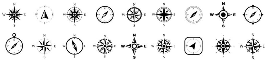 Compass icon collection. Vintage marine wind rose, nautical chart. Monochrome navigational compass with cardinal directions of North, East, South, West. Geographical position. Vector illustration
