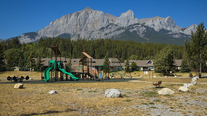 Children playground in the settlement at Bow River Loop Trail in Canmore,Alberta,Canada,North America
