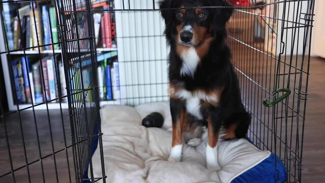 Australian Shepherd Sitting Well Behaved in a Crate 4K