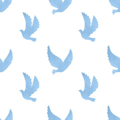 Blue birds. Pigeons. Seamless wallpaper for decoration, design in watercolor style