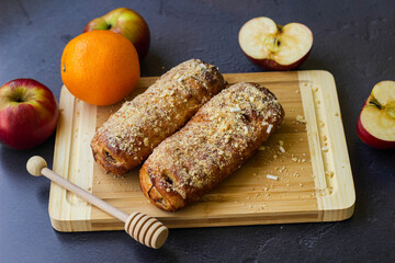 Homemade puff pastry roll with fruits