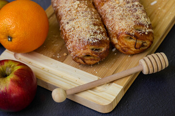 Homemade puff pastry roll with fruits