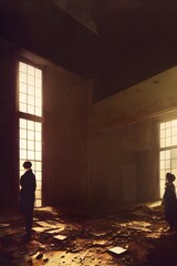 People standing in a ruined building. Can be used for stories of urban decay, ruined business, war, disaster etc.