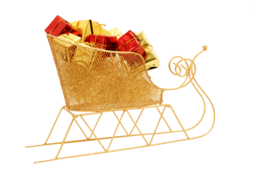 Golden christmas sleigh with small gifts and presents  isolated on transparency photo png file 
