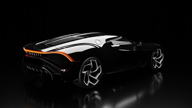 Bugatti La voiture noire sports car isolated on black, luxury car design, 3d render