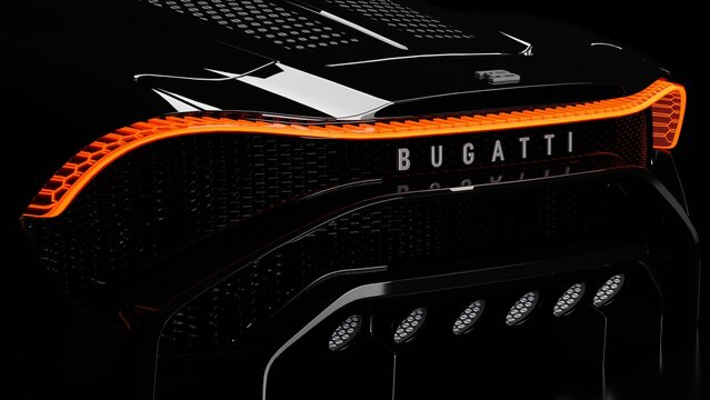 Brake light Bugatti La voiture noire sports car isolated on black, luxury car design, 3d render