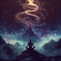 A person meditating reaching higher levels of consciousness, developing spiritual vision too see through dimensions