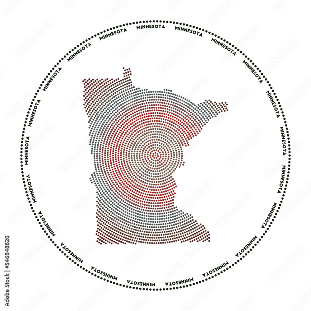 Poster minnesota round logo. digital style shape of minnesota in a dotted circle with the us state name. te