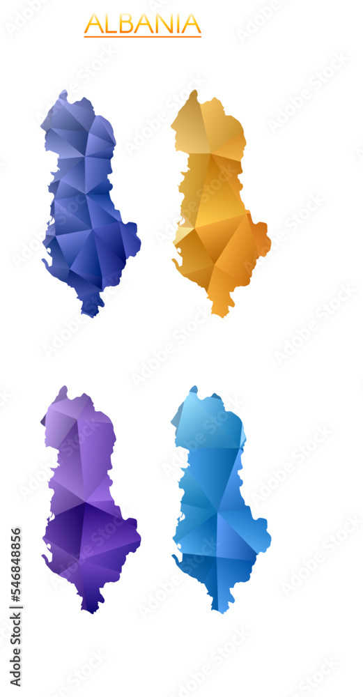 Poster set of vector polygonal maps of albania. bright gradient map of the country in low poly style. multi