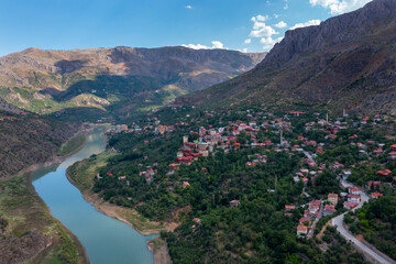 Valley view of Kemaliye town. View of the old Kemaliye houses and the Euphrates River. Erzincan