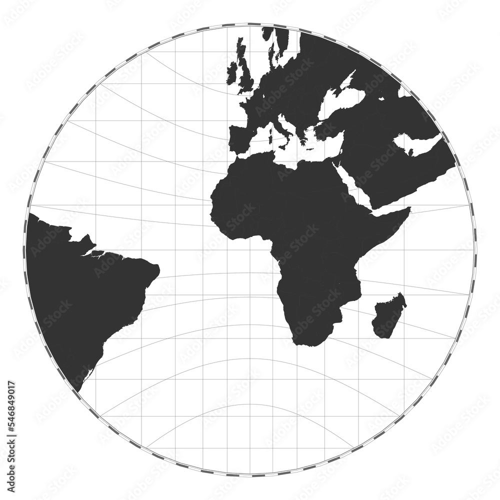 Poster vector world map in gnomonic projection, featuring a geographical map with latitude and longitude li