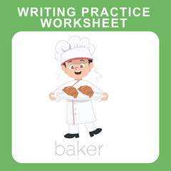 Writing practice worksheet with kids’ profession dream theme. A Cute baker boy with a tray of Croissant on his hand. Educational printable sheet for children. Cute cartoon vector illustrations.
