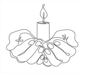 Continuous one line drawing of a hand holding burning candle. Human hands holding a memory candle. Melting wax candle in left hand. Vector minimalism design isolated on white background