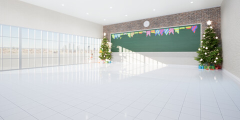 3d rendering of empty classroom consist of white tile floor, board or chalkboard, christmas tree...