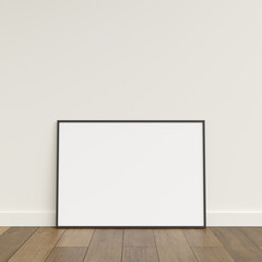 Fototapeta na wymiar Empty picture frame on wooden floor leaning against wall. Blank poster frame standing on wooden floor. Blank poster frame mockup. Empty picture frame mockup. 3d rendering.
