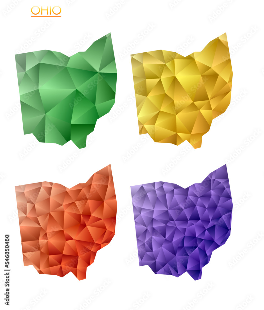 Poster set of vector polygonal maps of ohio. bright gradient map of the us state in a low poly style. multi