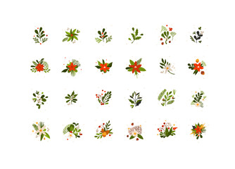 Hand drawn vector abstract graphic Merry Christmas and Happy new year clipart illustrations greeting card set with flowers and leaves.Merry Christmas cute floral design background.Winter holiday art.