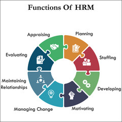 Functions of Human resource Management with icons in an infographic template