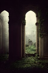 A ruined and decaying mansion, castle or factory. Long forgotten and overgrown.