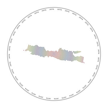 Java round logo. Digital style shape of Java in dotted circle with island name. Tech icon of the island with gradiented dots. Stylish vector illustration.