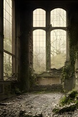 Obraz premium A ruined and decaying mansion, castle or factory. Long forgotten and overgrown.