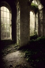 Obraz premium A ruined and decaying mansion, castle or factory. Long forgotten and overgrown.