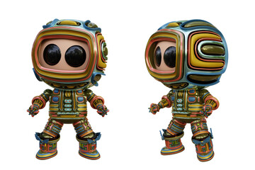 3D RENDERING PNG ILLUSTRATION. CUTE DESIGN ROBOT CYBORG ANDROID CHARACTER ISOLATED WHITE BACKGROUND. SPACEMAN ASTRONAUT CARTOON METAL PLASTIC AI MACHINE TECHNOLOGY GAME MODEL FIGURE ART TOY.