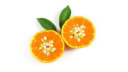 Fresh ripe oranges fruit with green leaves isolated on white background.