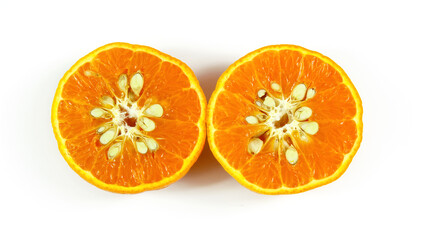 Fresh ripe oranges fruit with green leaves isolated on white background.