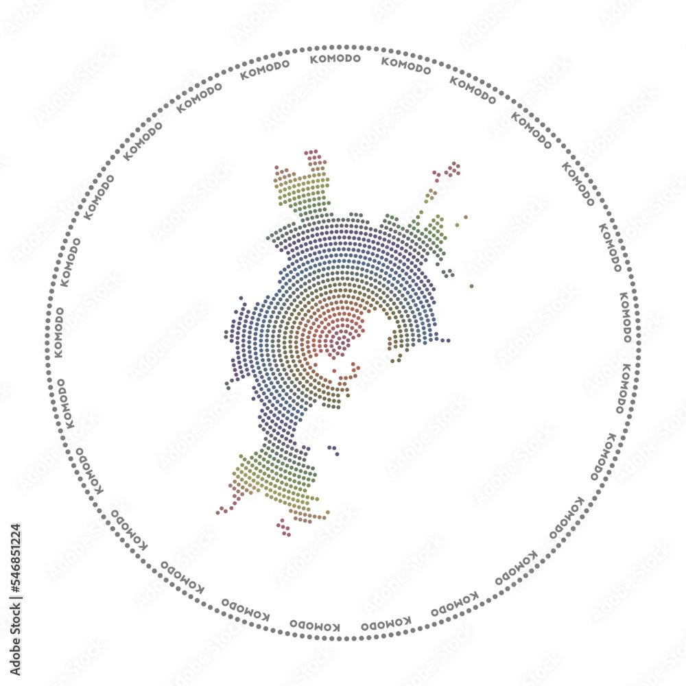 Poster komodo round logo. digital style shape of komodo in a dotted circle with island names. tech icon of 