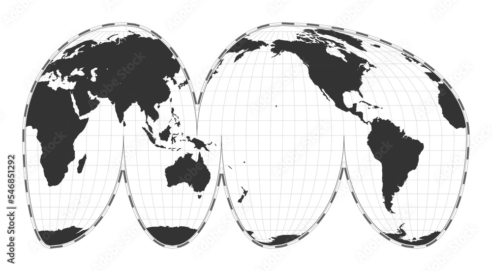 Poster vector world map in goode's interrupted mollweide projection. a geographical map with latitude and l