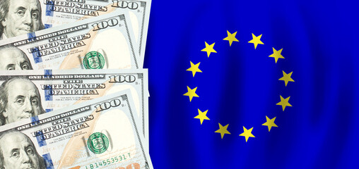 Dollars on flag of EU, European finance, subsidies, social support, GDP concept