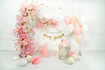 Birthday decoration in pink colors for baby girl 