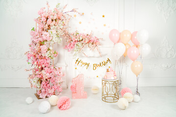 Birthday decoration in pink colors for baby girl 