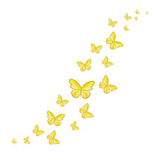 A flock of flying yellow butterflies. Decoration for a postcard, packaging, website page.PNG illustration