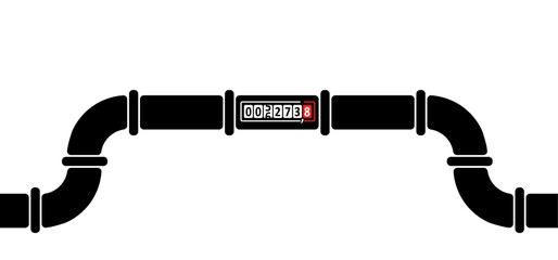 Water, oil or gas pipeline with fittings and valves. Pipeline and black tap, open, close. Globe valve icon or pictogram. Vector pipe fitting symbol. Wastewater or Waste water logo. Distribution.