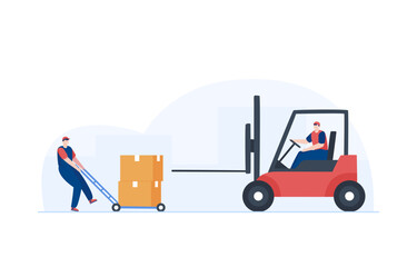 Forklift lifting weight. Worker loading packages on forklift. Illustration