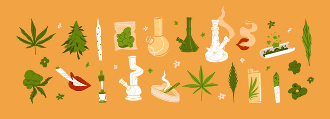 Hand drawn abstract graphic clip art illustration of Medical Marijuana, smoking accessories set.Glass bong for smoking weed.Cannabis and weed legalization concept design.Trendy vector illustration. - 546853265