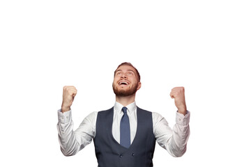 Handsome businessman in suit smiling and looking up. Isolated on white background